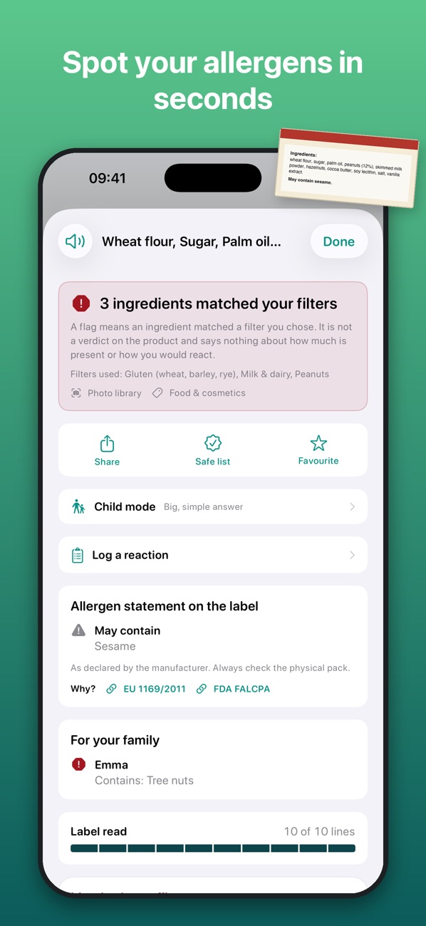 Allergens matched on a food label